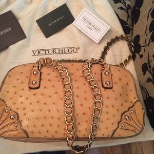 Victor Hugo ostrich handbag, gold and beige purse